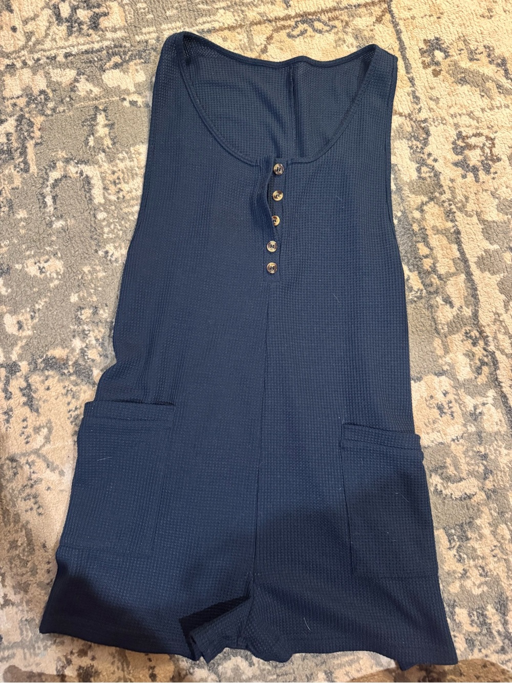Sleeveless Navy Waffle Romper with Front Buttons